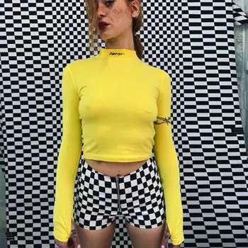 

Women Ladies New Long Sleeve Crop Top Crew Neck tights Crop Blouse Tops Yellow Autumn