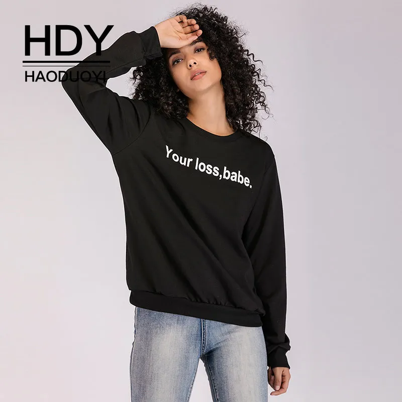 HDY Haoduoyi Black Letter printed T shirts Women Long Sleeve Loose Casual Tops Pattern T shirts 