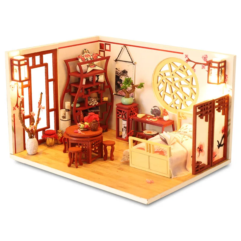 

DIY Doll House Bedroom Miniature Dollhouse Model Assemble Kits Chinese Style Wooden Dollhouse with Furnitures Lights Dust Cover