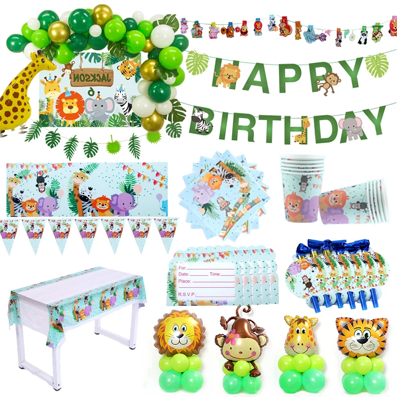

Kids Happy Birthday Party Decoration Tableware Set The zoo Party Supplies Favors Cup Plate Banner Straw Loot bag Napkin Blowout