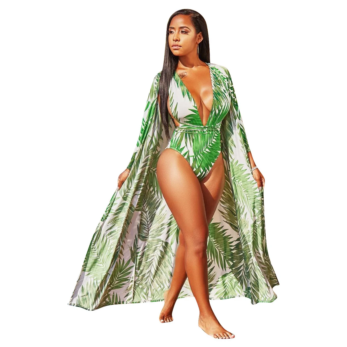 

Diliflyer 2018 Swimwear+Cover Up Women Robe Beach Cardigan Cover Ups Green Leaf Bodysuit Cut Out Bathing Suit Monokini Beachwear