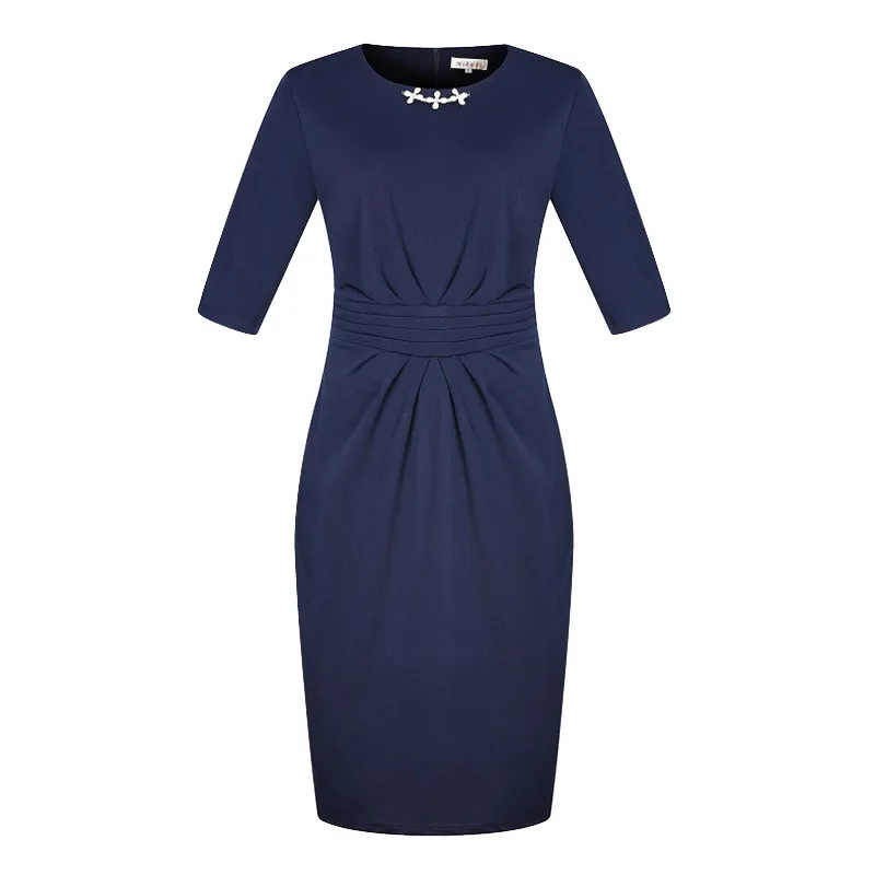 Navy blue work dress Большие размеры, платья для женщин 4xl 5xl 6xl, платье элегантное, миди, офисные женские платья с рюшами, желтое облегающее платье-карандаш - Цвет: Navy blue work dress