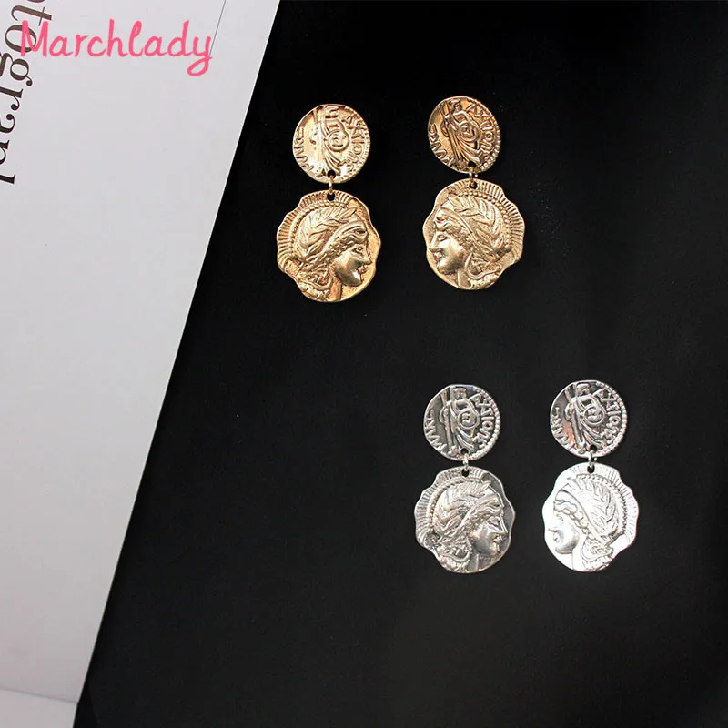 

Fashion Ins coin gold face coin cold light earrings Korean temperament retro dangle earrings jewelry Accessories Femme Earring