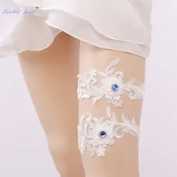 Сапфир люкс Для женщин цвета слоновой кости кружева цветочные свадебные свадебная подвязка с синими стразами 1picee/комплект нога кольцо