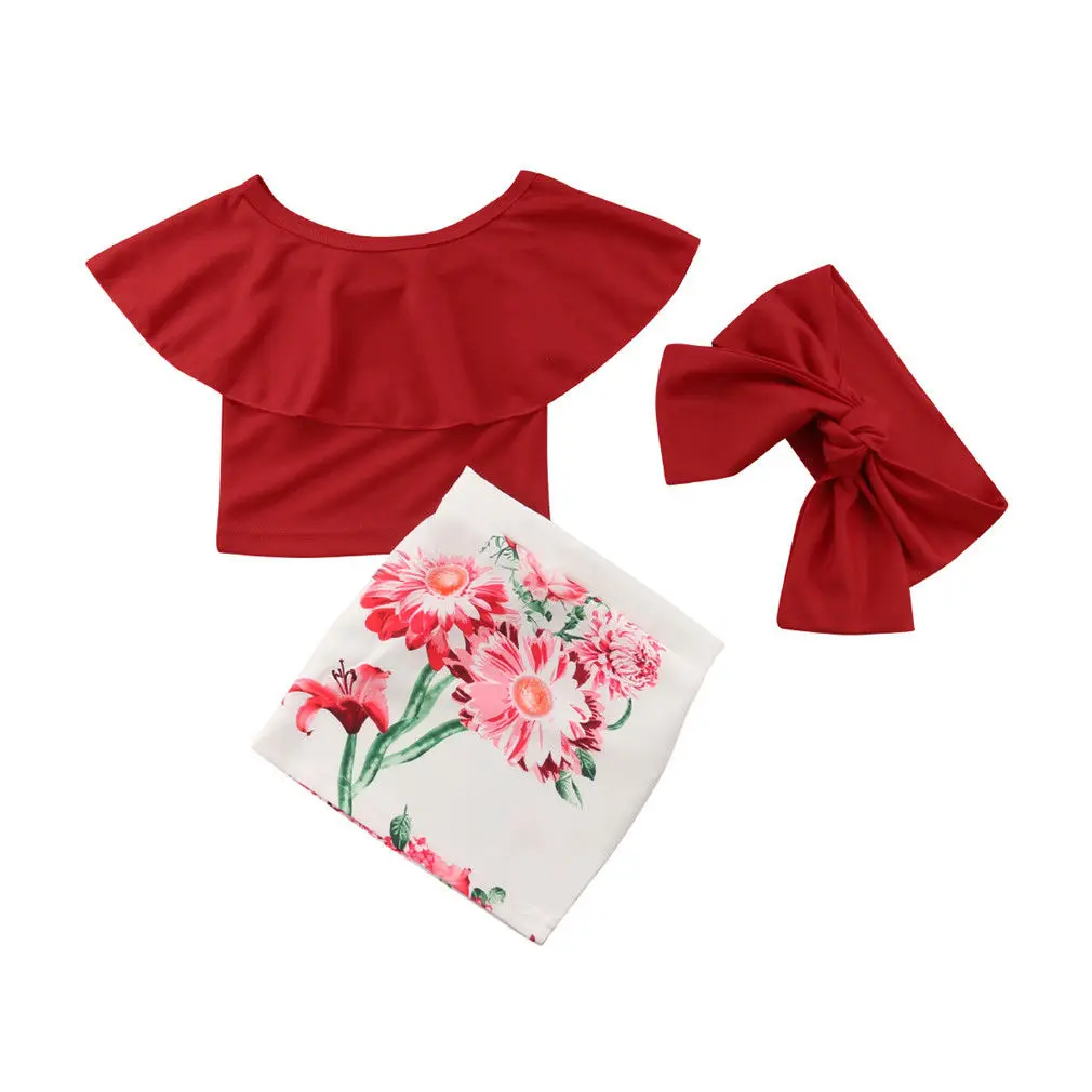 

3pcs Set Summer Kid Baby Girls Red Ruffles Tops Flower Skirt Headband Outfit Clothes Fashion Chid Clothing