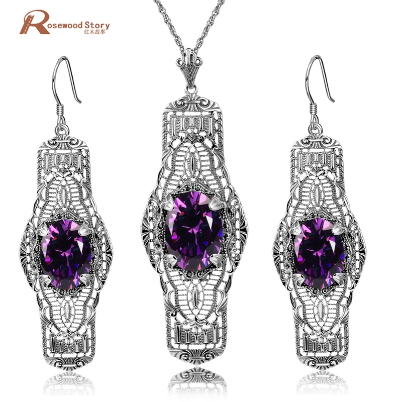 

Genuine 925 Sterling Silver Jewelry Set Classic Vintage Earring Pendants Purple CZ Crystal Jewelry Sets For Women Party Gifts