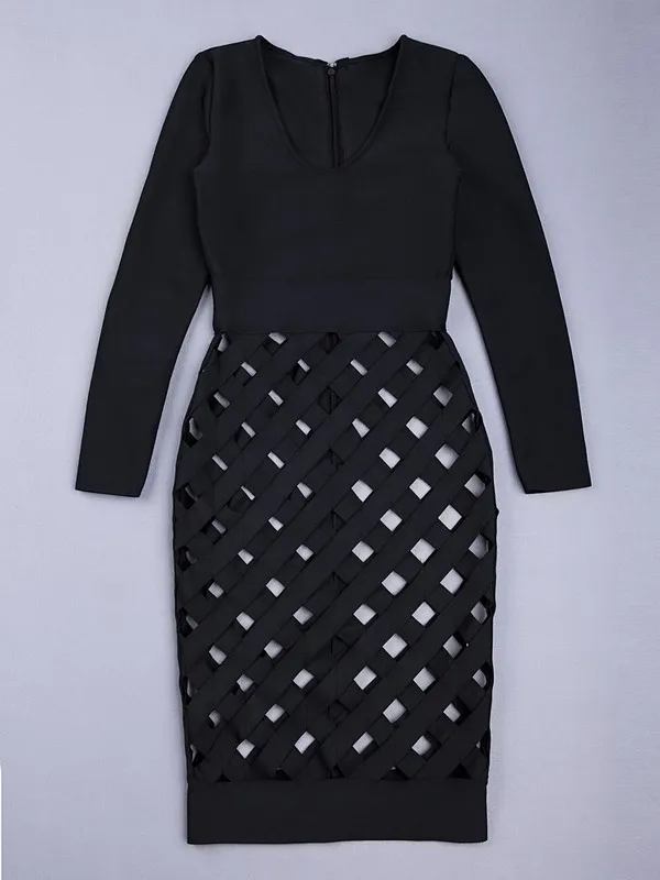 Женское высококачественное новейшее стильное черное зимнее платье с длинными рукавами и открытой решеткой, платье с повязкой+ костюм
