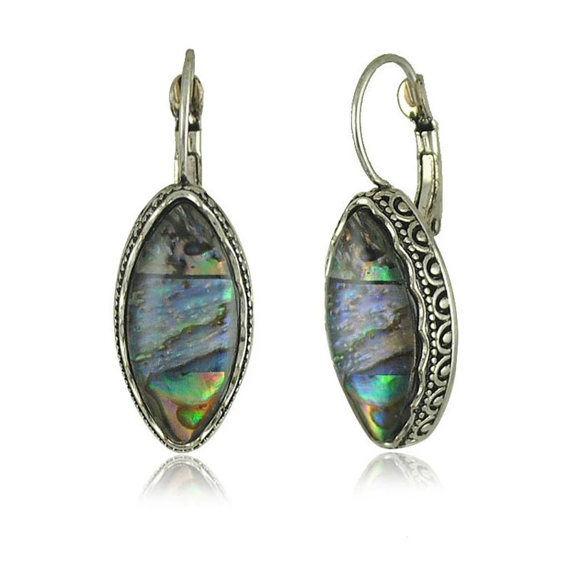 

LE SKY New Abalone Shell Dangle Square Round Heart Shape Earrings For Women Vintage Antique Silver Plated Fashion Jewelry