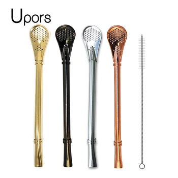 UPORS 4pcs Yerba Mate Straw Filter +1 Brush Reusable 304 Stainless Steel Bombilla Drinking Straw Metal Tea Tools Bar Accessories