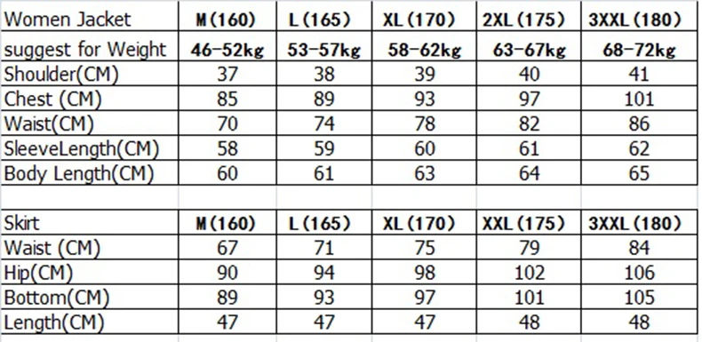 Size spec for Women Suit Skirt