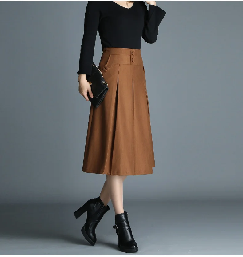 Новинка, женская черная коричневая плиссированная юбка на пуговицах с высокой талией, Осень-зима, S-3XL размер, Женская юбка средней длины