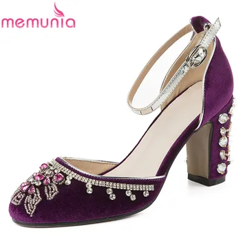 

MEMUNIA 2020 Buckle strap women pumps rhinestone round toe high heels party shoes thick high heels wedding shoes female