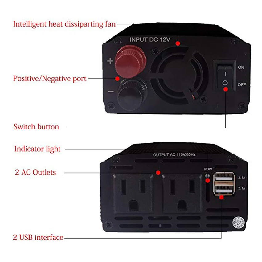 500 Вт автомобильный инвертор постоянного тока 12 В в переменный 110 В/220 В автомобильный преобразователь с 4.2A Dual Usb и 2 AC розетки для смартфонов, планшетов