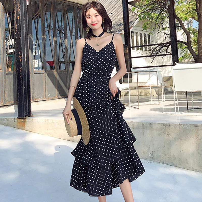 Summer Women Black Sundress Long Polka Dot Tropical Sexy Lady Vacation Backless Casual Ruffles Midi Beach Sea Dress New Arrival