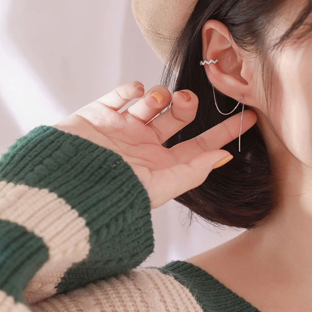 DAIWUJAN, 1 пара, 925 пробы, серебряные серьги-клипсы с длинной кисточкой для женщин, циркониевые серьги-манжеты для ушей, модные ювелирные изделия - Цвет камня: Серебристый
