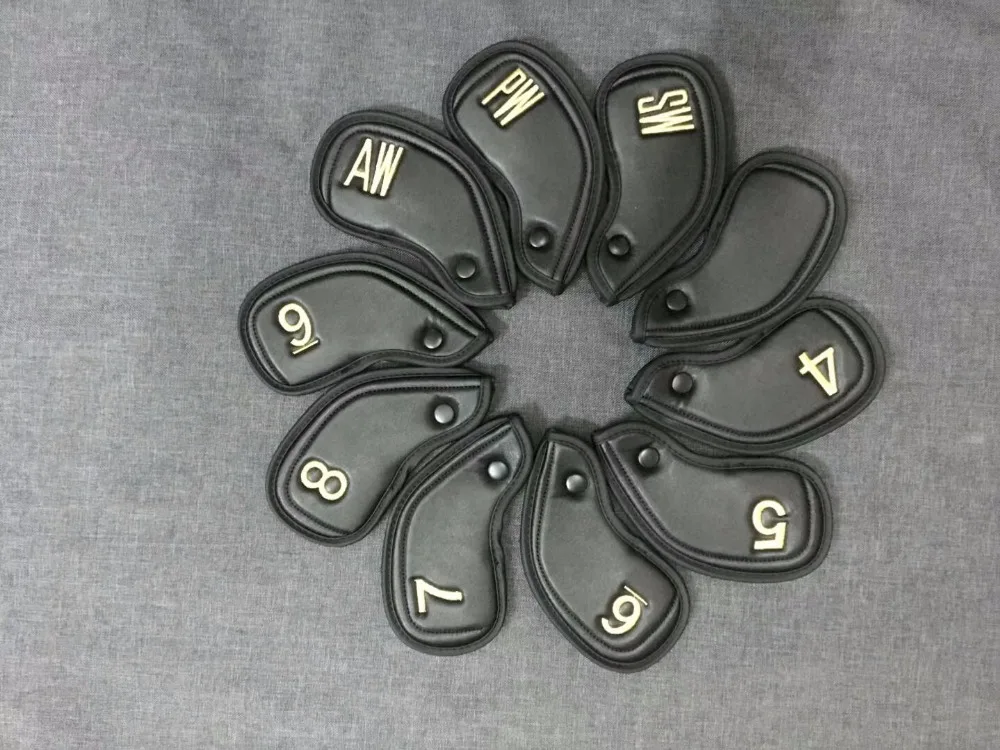 2018 Newest Universal Golf Iron Club Head Cover Set Gold Upscale PU Golf Cover Protector with Number Bank/4-9/AW PW SW 10pcs/set