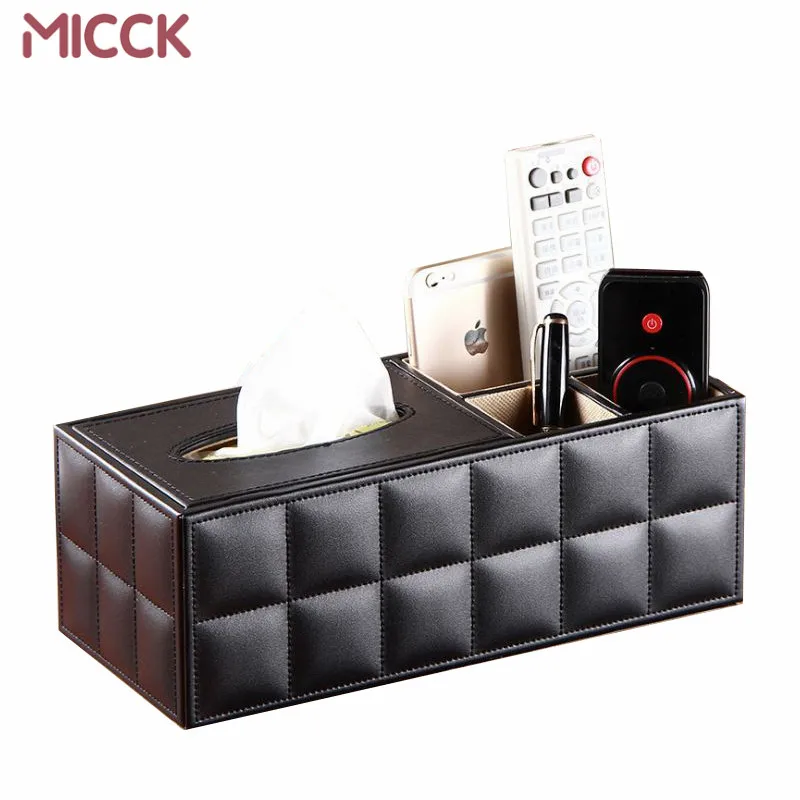 MICCK Tissue Box PU Leather Multifunctional Napkin Phone Remote control holder wooden Storage Box Desk organizer Container