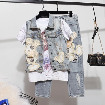 

2019 Spring Denim Vest Two Piece Sets Womens Beads Jean Waistcoat+ Hole Jeans Female Nine Cent Pants Suit Students Trouser Set