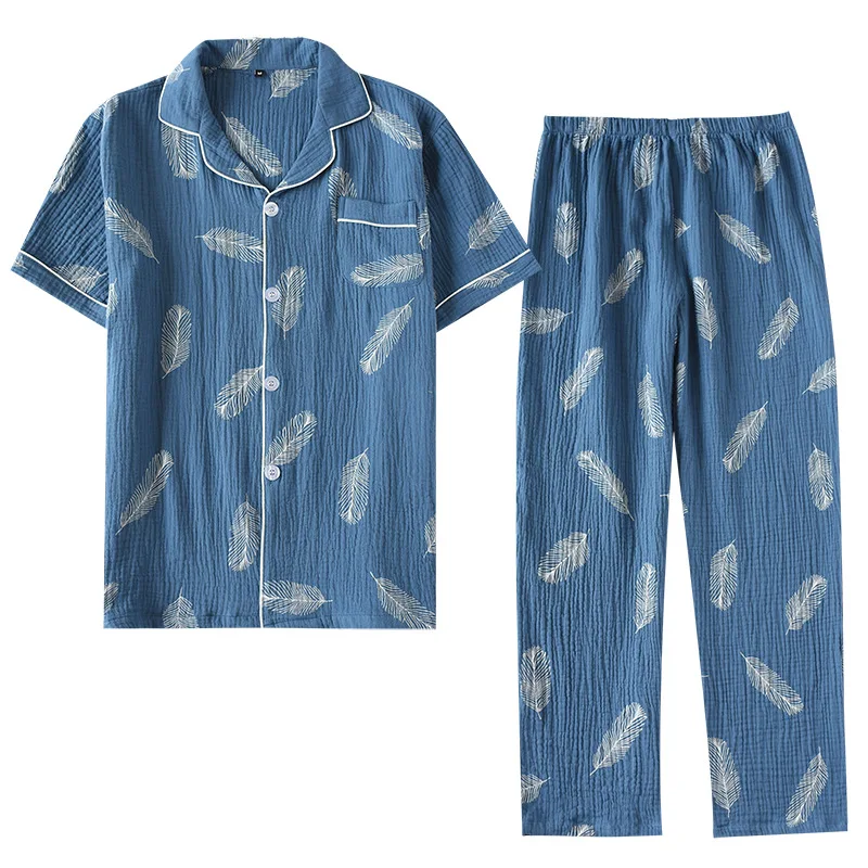 Летний пижамный комплект с короткими рукавами, брюки, мужская пижама, хлопок, креповая Пижама, Свободная Домашняя одежда, пижама с перьями, спальные костюмы