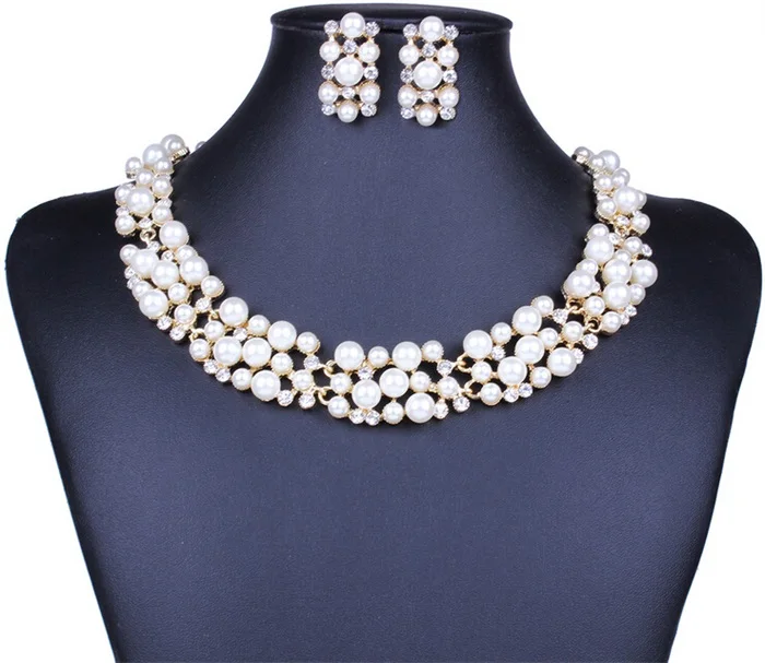 Женский ювелирный комплект из колье и серёг с искусственным жемчугом|pearl bridal jewelry