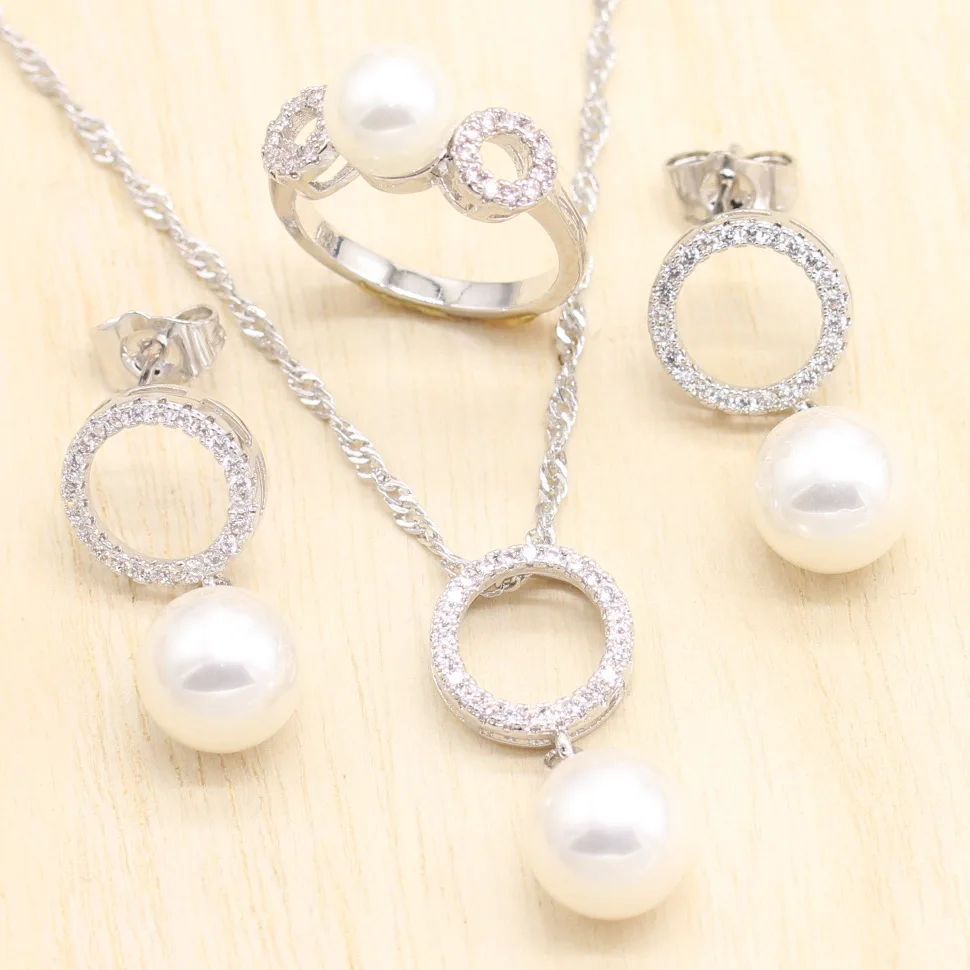 

Round Cubic Zirconia Jewelry Sets For Women 925 Sterling Silver Pure white Pearl Earrings Pendant Necklace Ring Jewelry