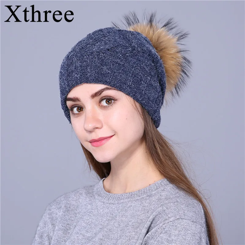 Xthree, шапка с натуральным мехом енота, с помпоном, женские вязаные зимние шапки для девочек, толстая шапка Gravity falks, женская шапка Skullies Beanies - Цвет: navy