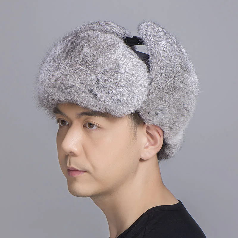 rabbit fur trapper hat grey black 5