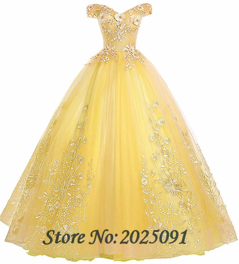 Новинка, платье с открытыми плечами, 16 милых пышных платьев, бальное платье, длинное платье для выпускного вечера, кружевные аппликации G0126 - Цвет: Цвет: желтый