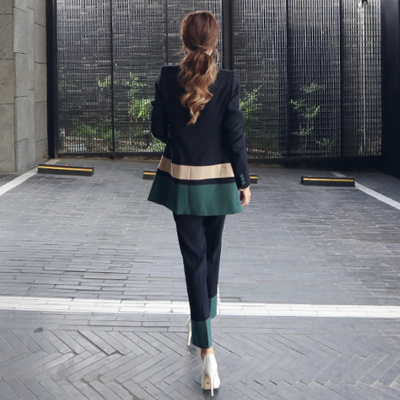 2017 Autumn 2 Piece Set Women England Style Contrast Color Two Piece Set Clothing Office Lapel Coat And Trousers Women's Sets
