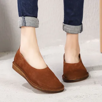 

2019 New Flat Shoes Woman Genuine Leather Handmade Vintage Comfortable Soft Lady Loafers Flats Cowhide