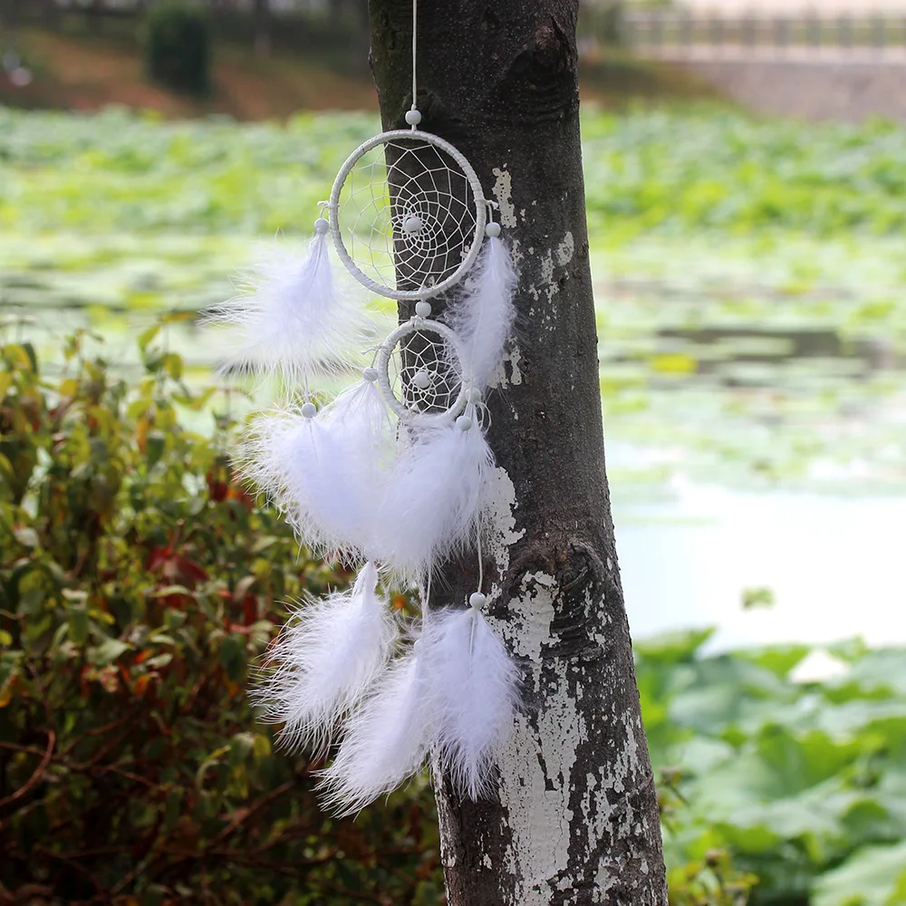 

Nordic style creative trap dream bell white upper and lower rings feather ornaments handmade wind chimes