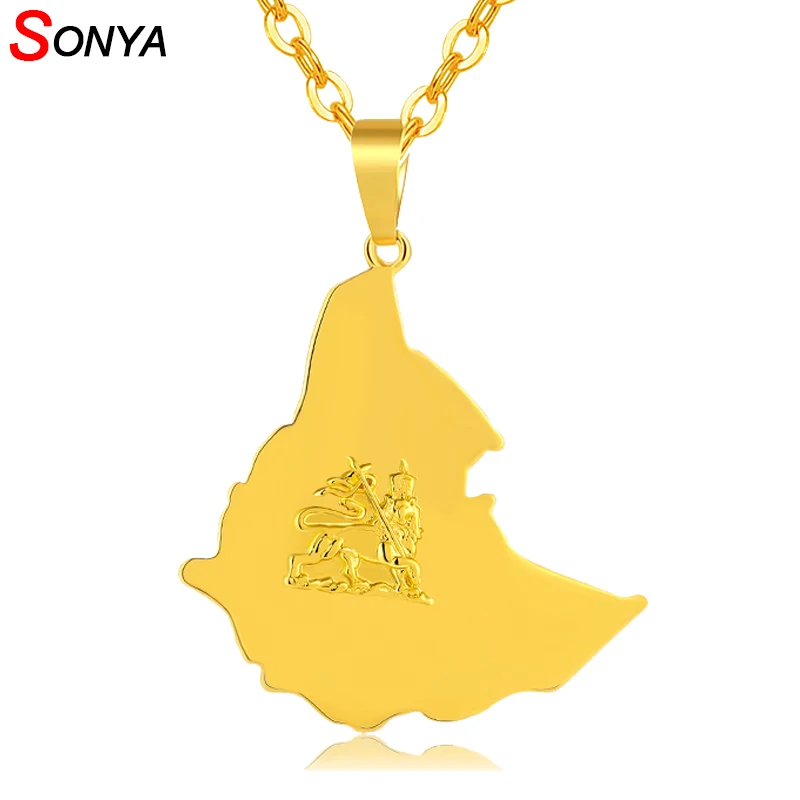 

SONYA Ethiopian Map Necklaces Women Men Gold Color Jewelry Africa Ethiopia lion Necklace Maps Gift Gift Bijoux Femme