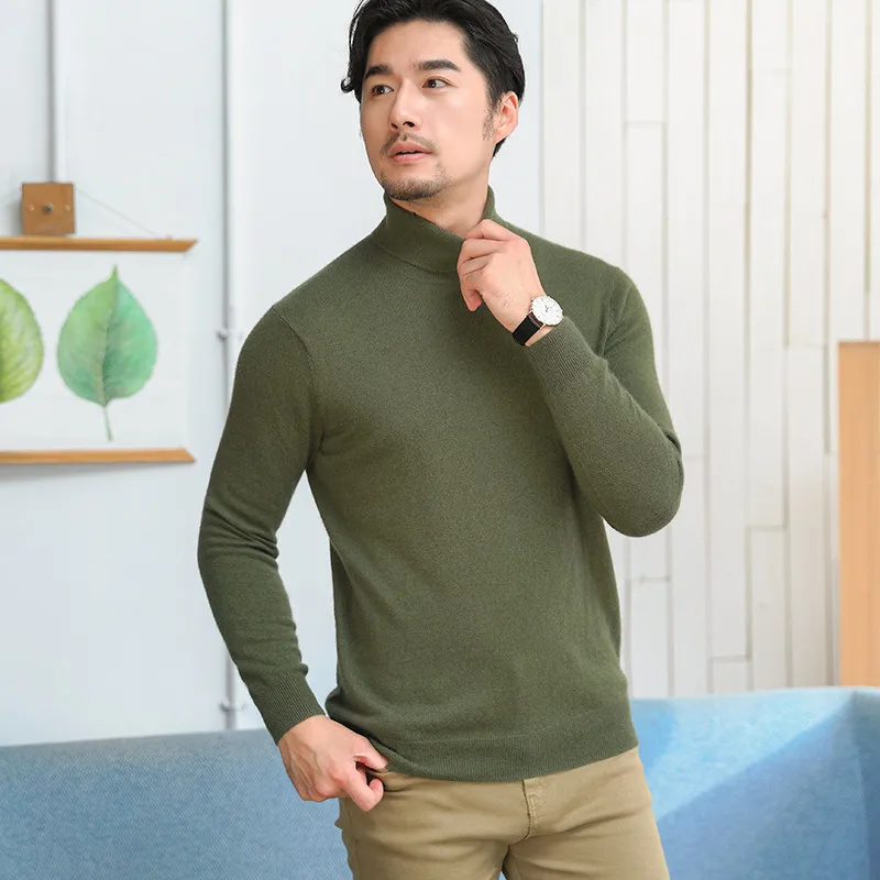 

Men's 100% Cashmere Knitted Sweater Turtleneck Solid Color Men Pullovers 2018 Basic Clothing Male Flat-knit Autumn Winter