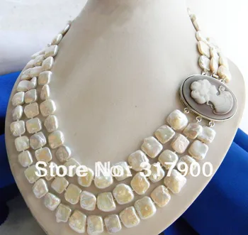 

3Strands 17" 13MM White Square Baroque Freshwater Pearl Necklace