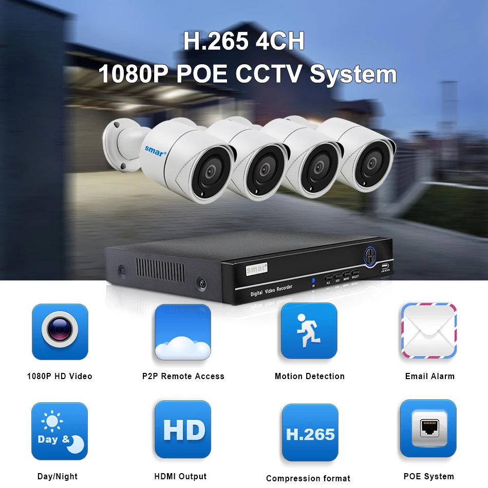 Smh.265 камера безопасности Система 4CH 1080P POE NVR комплект 2.0MP металл открытый IP набор камер наблюдения HDMI P2P электронная сигнализация XMEYE