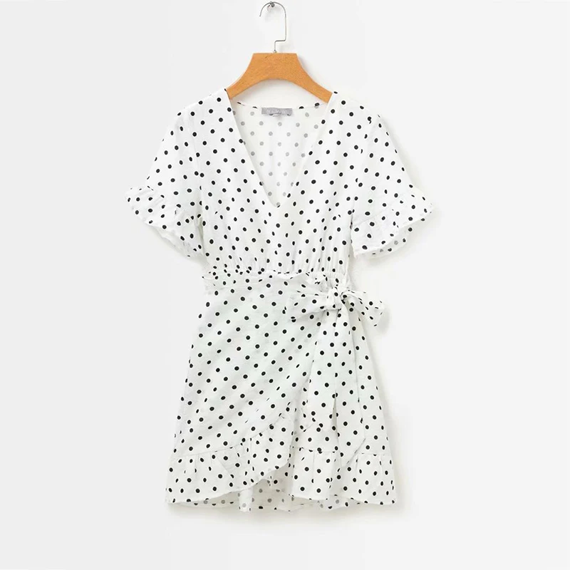 yinlinhe Polka Dot Wrap Dress Women Short Sleeve V neck White Summer Dress Belt Bow Knot Elegant Ruffles Vestido   5