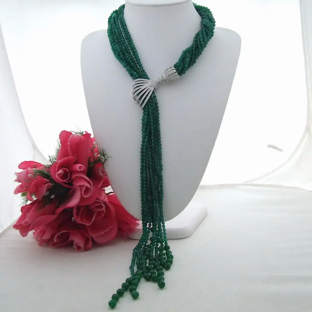 

AB010101 37" 8 Strands Green Faceted Stone Long Necklace CZ Pendant