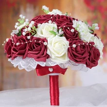 Винный красный свадебный букет ручной работы женские Искусственные Свадебные букеты розы цветы