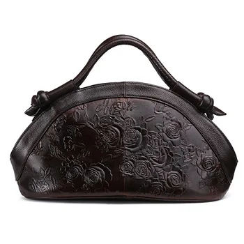 

New Brand Designer Women Genuine Leather Handbags Ladies Retro Elegant Shoulder Messenger Bag Embossed Floral Bolsas Big