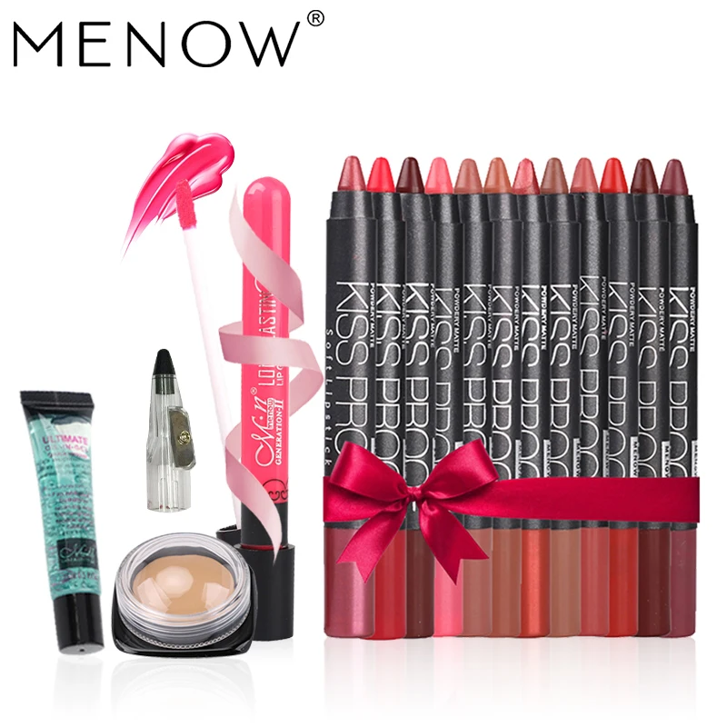 

MENOW Brand Make up set Matte Sexy lip gross & 12pcs /set Kiss Proof Lipstick &Pencil sharpener&Concealer for Eyes wholesale5422