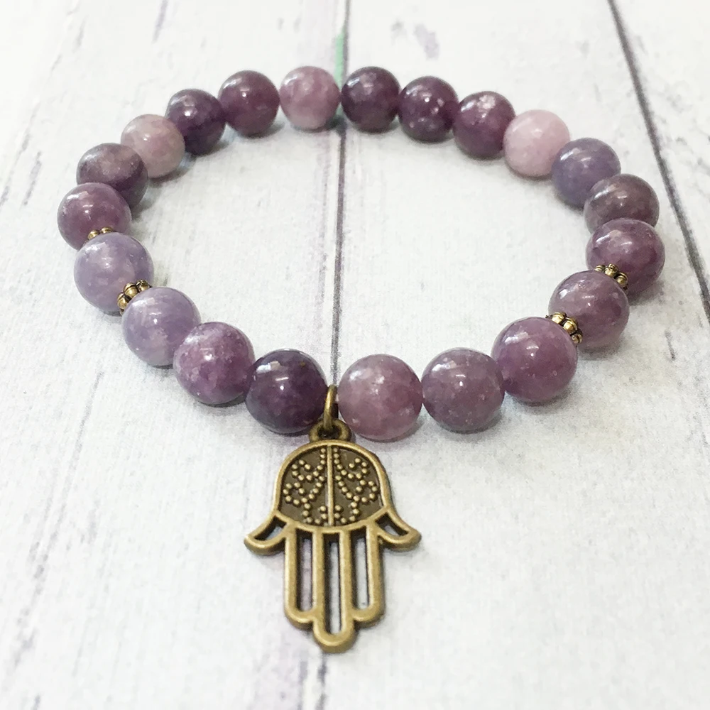 MG0502 8 мм Lepidolite браслет Mala модная женская подвеска-Хамса браслет сердце Чакра Ювелирные изделия снятие стресса для женщин