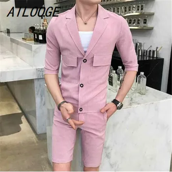 

AILOOGE 3 Colors 2pc Set Shirt And Shorts Pink Grey Black Small Stripe Men Set Summer Shirt Pocket Shirt Deep V Shirt+short