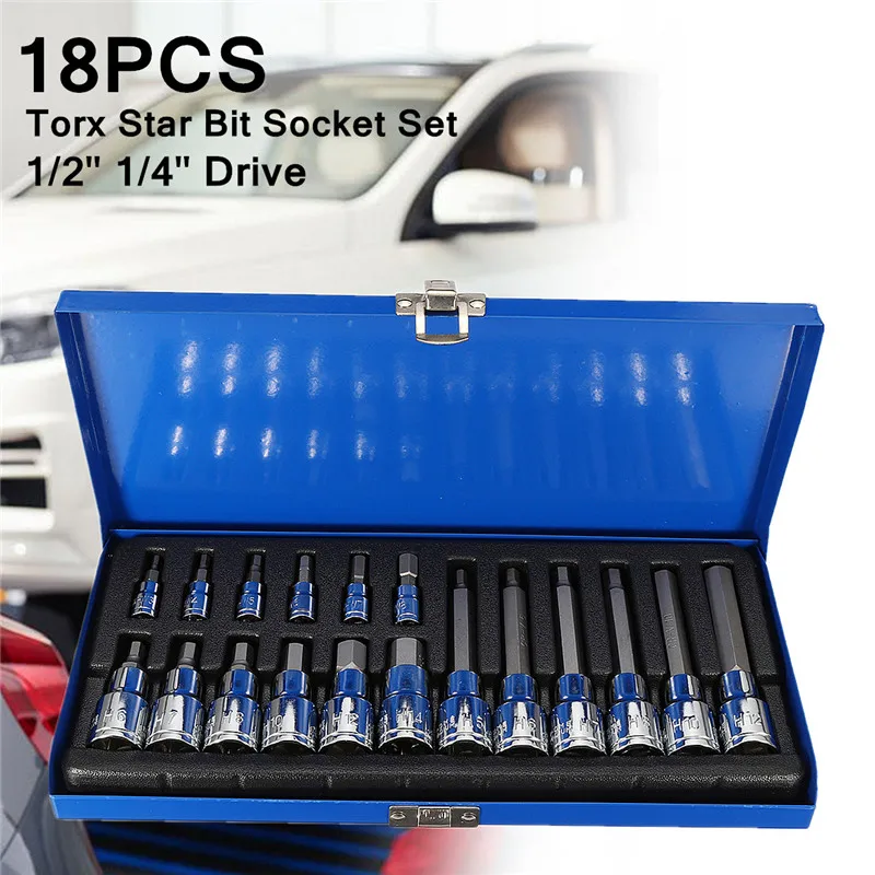 

18pc Torx Star Bit Socket Garage Workshop Tool Set 1/2", 1/4" inch Long Drive Professional Durability for Locomotive Assembly