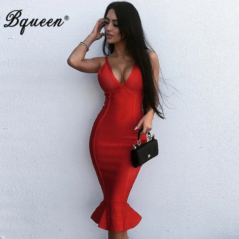 

Bqueen 2017 New Arrival Sexy Deep V Midi Spaghetti Strap Backless Party Mermaid Elegant Summer Women Lady Bandage Dress