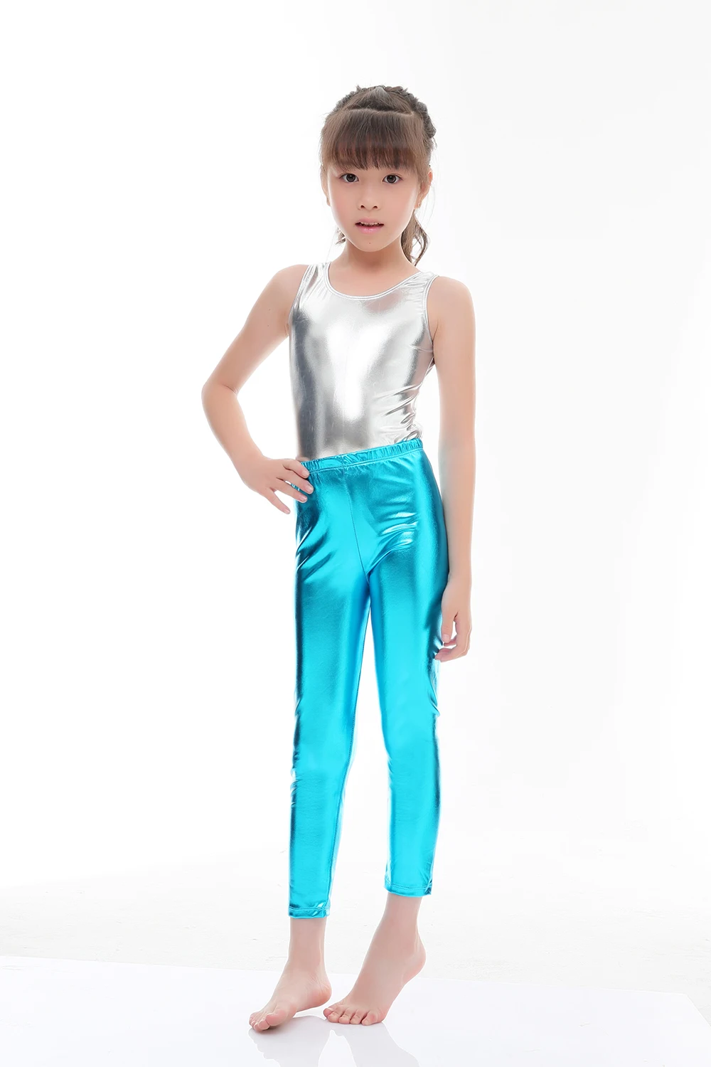 Sperise/детские брюки длиной до щиколотки; золотистые блестящие металлизированная лайкра; спандекс; танцевальные балетные серебряные леггинсы;