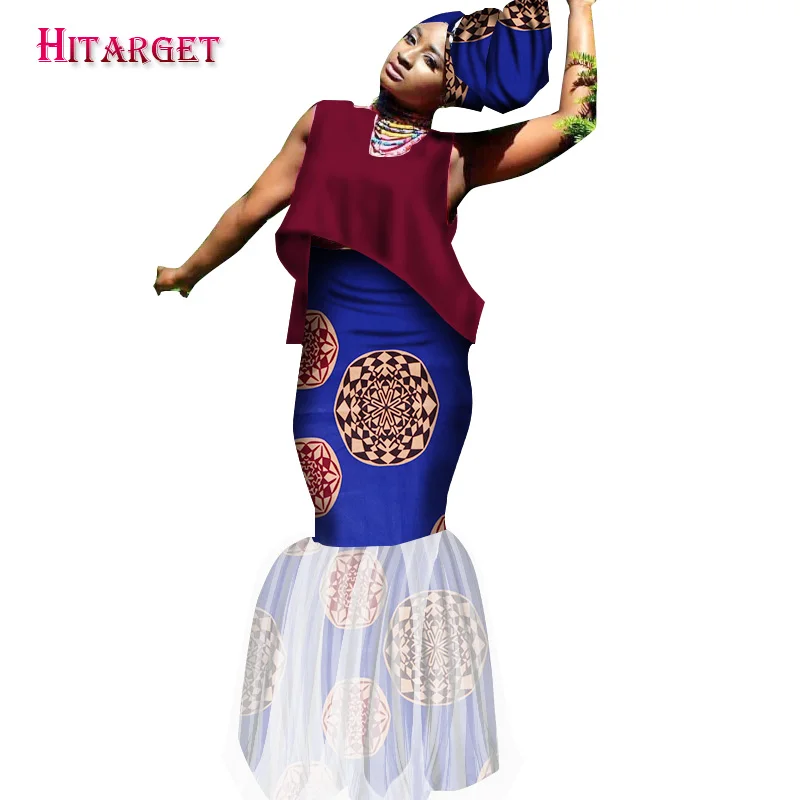 

Elegant Bazin African Wax Prints Dresses and Top for Women Yarn Dresses 2 Pieces with Head Tie Dashiki African Clothes WY1609