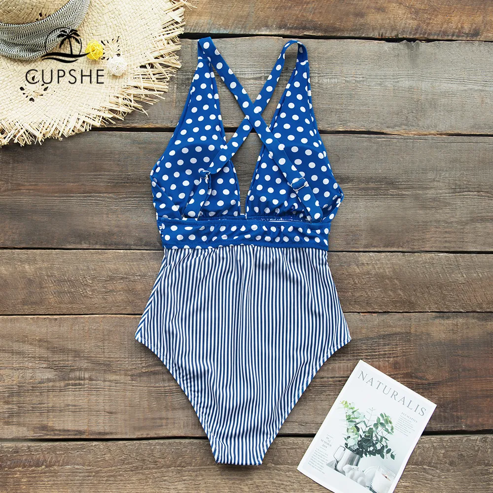Kaufen CUPSHE Blau Tupfen Und Streifen Druck Einteiliges Badeanzug Sexy Frauen Monokini Bademode 2020 Mädchen Strand Badeanzug bademode