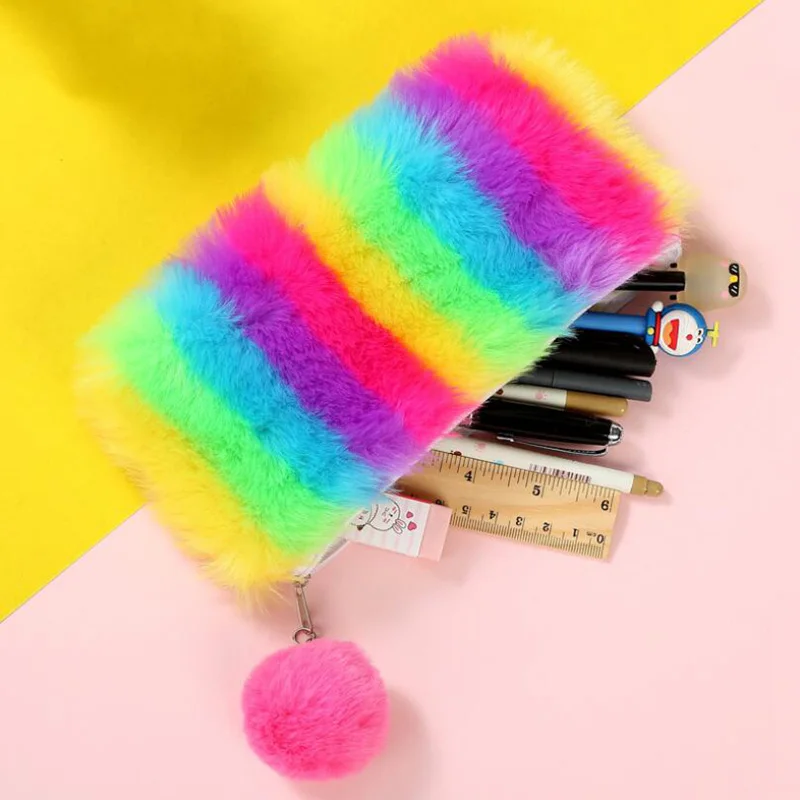 

Korean Kawaii Cute Plush School Pencil Case Rainbow Pencilcase for Girls Large Big Pen Bag Stationery Pouch Box School Supplies