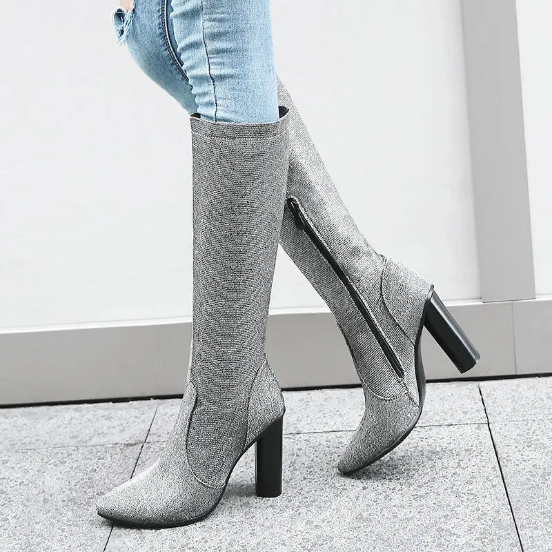 

Women's Pu Leather Knee High Boots Square High Heel Fashion Boots Pointed Toe Zipper Pointed Toe Winter Ladies Shoes Gold Silver