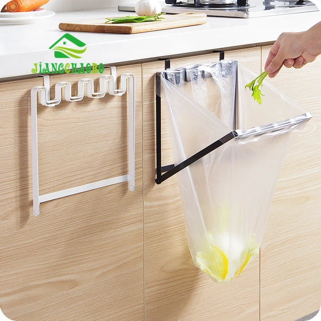 Cheap JiangChaoBo Cabinet Door Back Garbage Bag Bracket Hook Kitchen Plastic Bag Rack Hanging Trash Can Garbage Rack